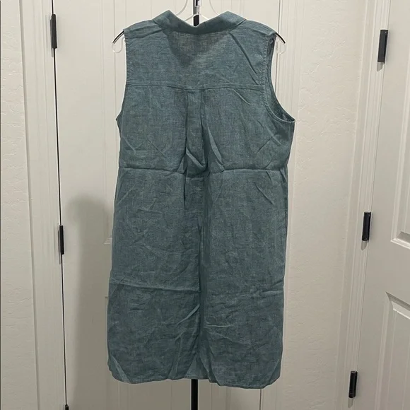 EILEEN FISHER Sleeveless Button Front Shirtdress Washed Organic Linen Blue SZ PL